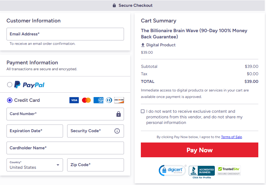 Billionaire Brain Wave Order Checkout Page